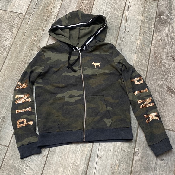 VICTORIA'S SECRET PINK CAMOUFLAGE CAMO ROSE GOLD BLING HOODIE L - Picture 1 of 8